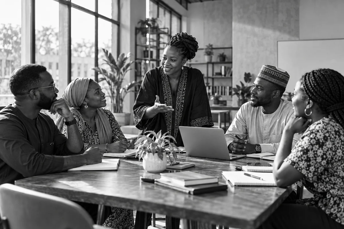 Illustrative community learning and discussion scene