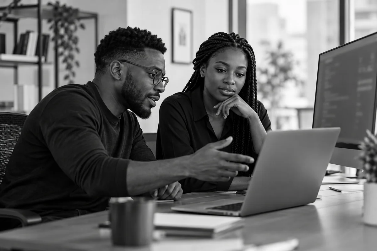 Software developers working together at a desk
