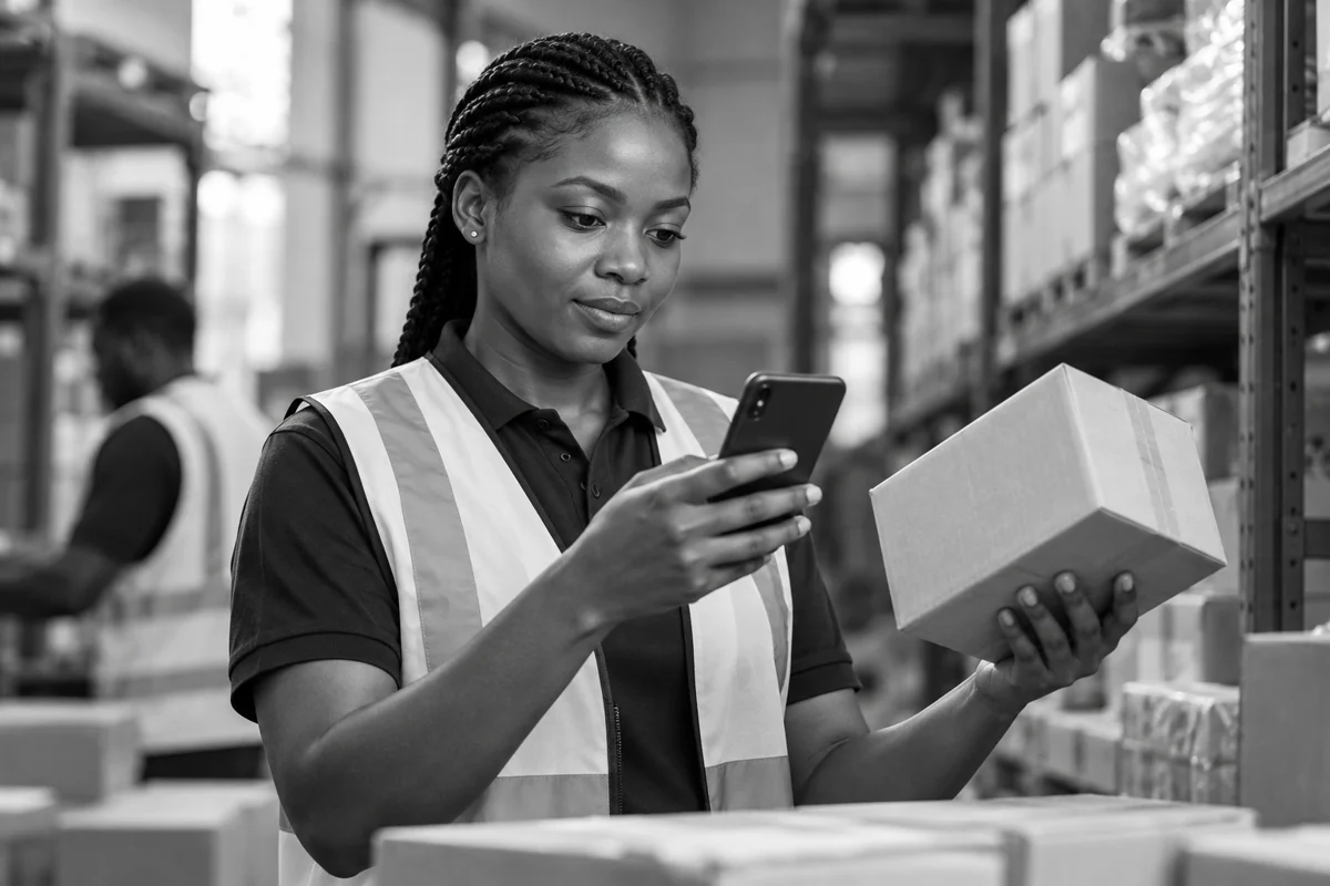 A warehouse professional checking a product with a mobile phone